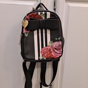 Betsey Johnson Black Pink Floral Mini Backpack with White Stripe And Bow Bag